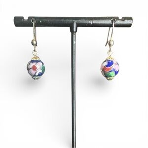 Cloisonné Floral Drop Vintage Earrings Gold-Filled Blue